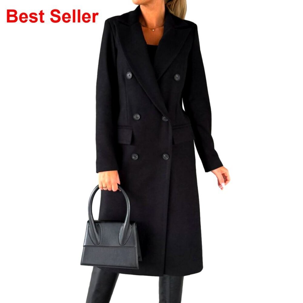 Wool Blend Pea Coat Double Breasted Trench Coat Long Winter Coat